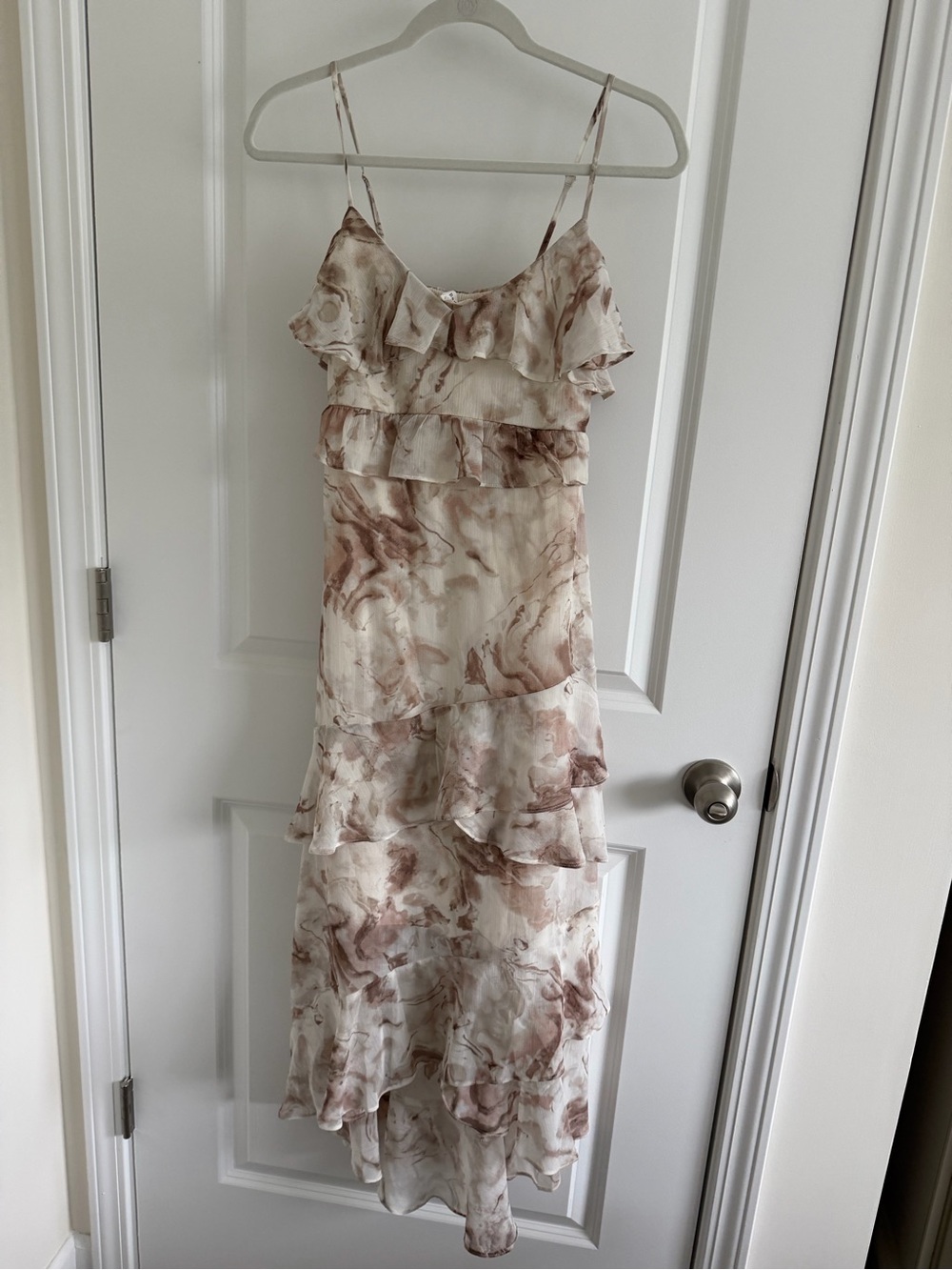 Blu Pepper Marble-Print Ruffle Tiered Maxi Dress — Cream and Taupe